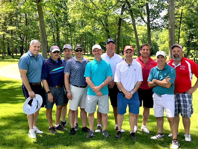 Sigma Nu hits the links! Mickey Harris '84, John Kowalchik '84, Matt Wiant '84, Dave Annapolle '84, Chris Wilsey '84, Big Al (friend of Sigma Nu), Brian Bornstein '84, Jim Spaller '86, Dave Terris '84, and Mark Krause '85.