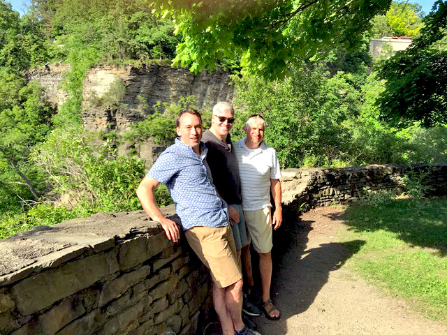 On the lookout. Matt Wiant '84, Mickey Harris '84, and John Kowalchik '84