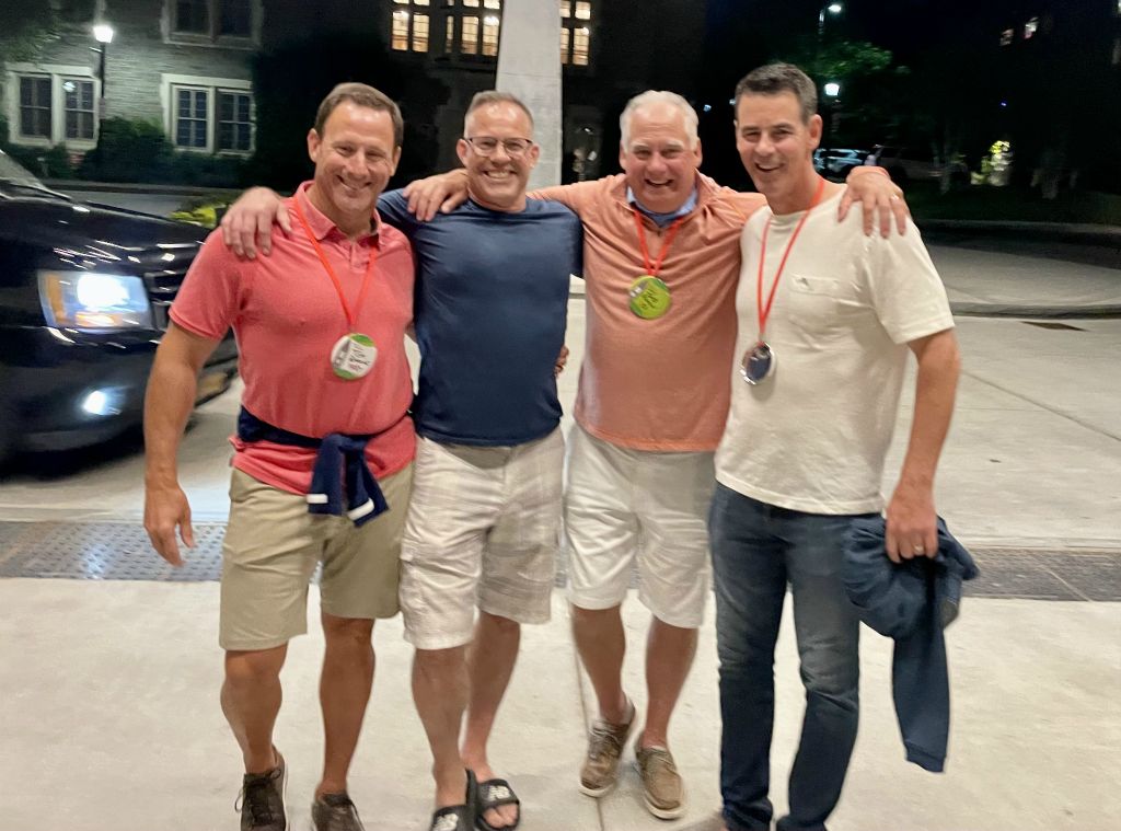 Brothers in Sigma Nu Re-United! Tom Barone '87, Brian Sulc '87, Bob Maxon '87 and John Hastings '87.