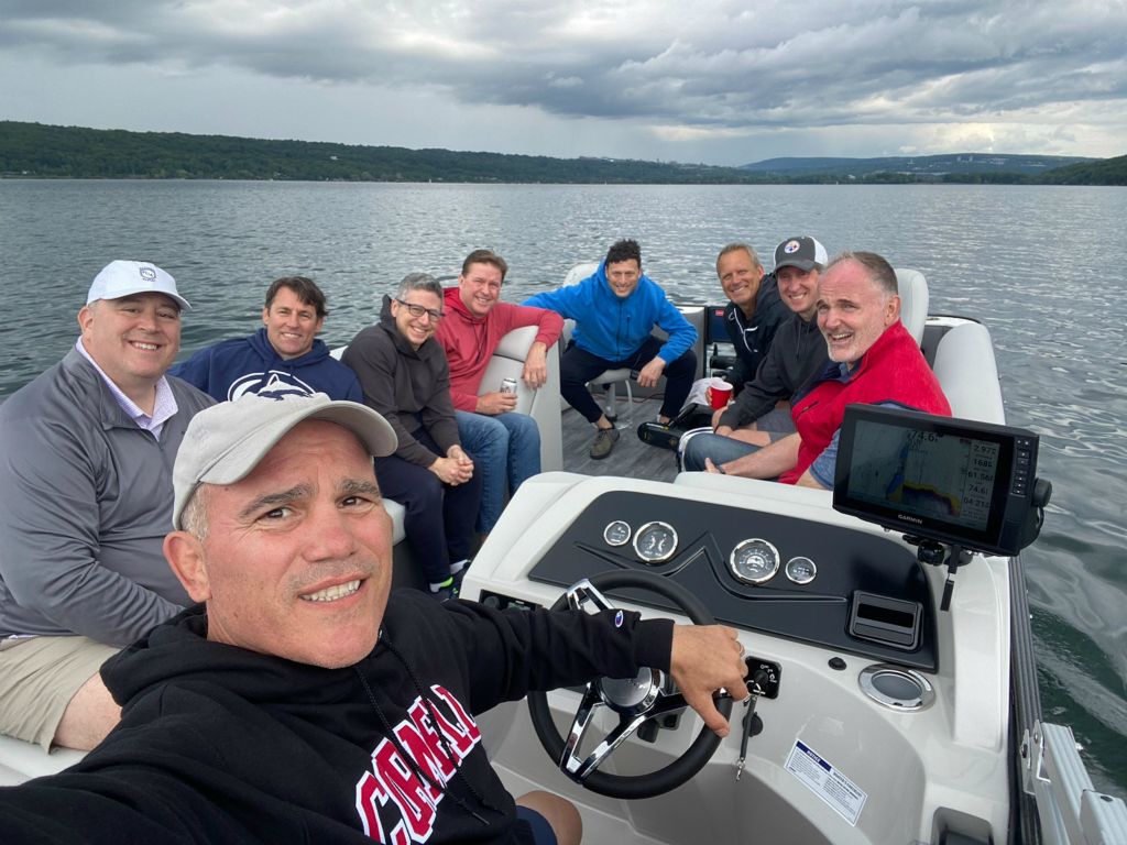 Reunion boat tour on Cayuga Lake with Jeff Woodring '93, Marc Bruno '93, Mike Trepeta '93, Robert Cohen '93, Andy Hite '93, Chad Levitt '97, Shawn Cole '92, Greg Knopp '92 and Brad Bosart '91.